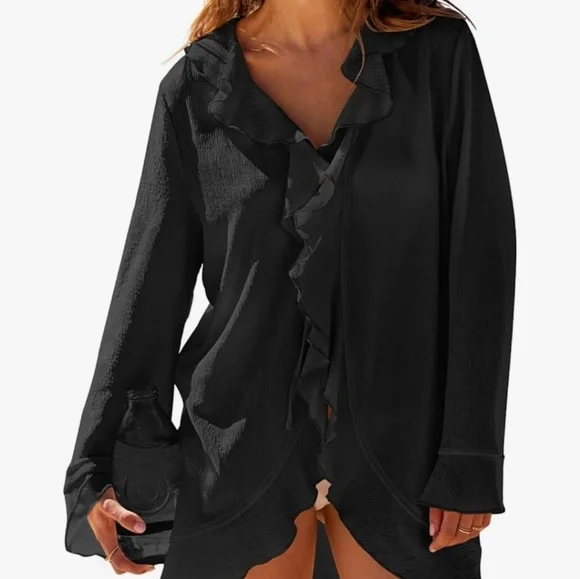Tie Front Ruffle Blouse Top Casual Loose Long Sleeve Kimono Bathing Suit Beach C - Picture 2 of 4